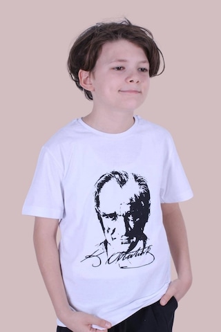 Panios Kids Atatürk Imzalı Ve Baskılı Unisex Çocuk Beyaz Tişört Beyaz
