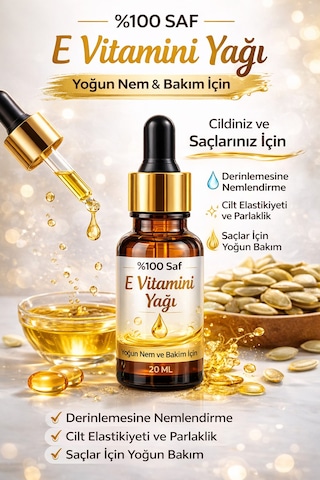 E Vitamini Yağı 20 Ml %100 Saf Vitamin E Yağı Cilt, Saç Ve Nem Bakımı İçin