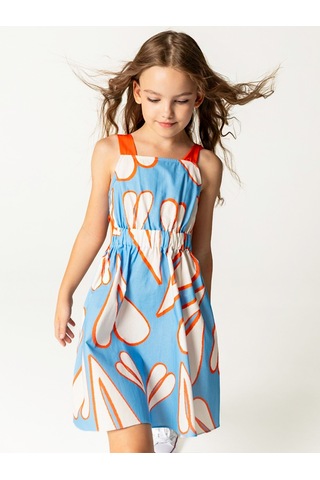 Sheshe Kalp Desenli Askılı Mavi Kız Çocuk Elbise Renkli
