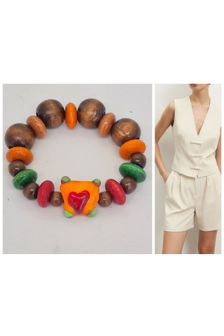 Murona Cam Boncuklu Ahşap Büyük Boncuklu Bileklik