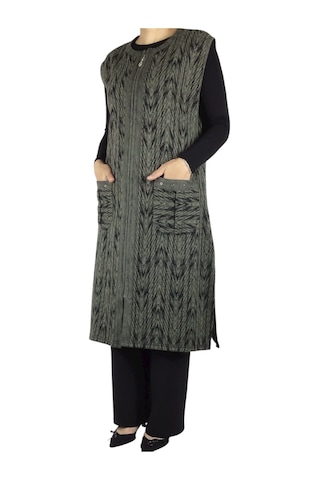 Önü Fermuarlı Desenli Cepli Kalın Kışlık Yelek Yeşil