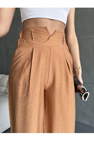 Eke Tekstil Kadın Camel Keten Paçaları Yırtmaçlı Pantolon-camel Camel