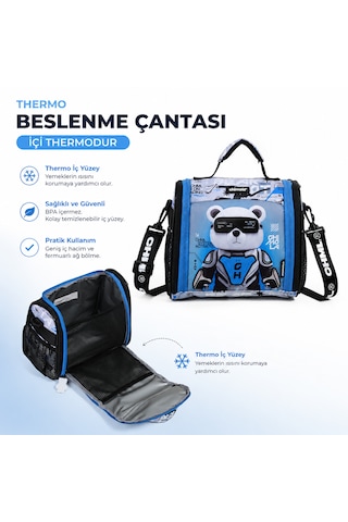Chimola Cyber Bear İlkokul Çanta Seti 3'lü Okul Çantası + Beslenme Çantası + Kalemlik Mavi