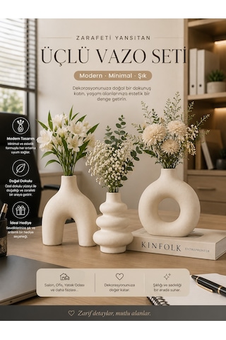 El Yapımı Minimal Vazo Set 3 Lü 3lü Mini Set Beyaz
