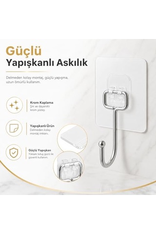 Yapışkanlı Askılık Krom Kaplama, Delmeden Montajlı Banyo Ve Mutfak Askısı, Şeffaf Yapışkan Tabanlı Metal Ask Diğer