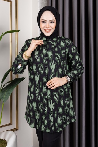 Hira Life Fashion Kadın Tesettür Giyim Ve Spor Giyime Uygun Önü Düğme Detaylı Şık Desenler Dokuma Viskon Gömlek-tunik Haki 5 Haki 5