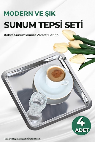4 Lü Paslanmaz Çelik Kare Kahve Sunum Tepsi Seti 4 Adet