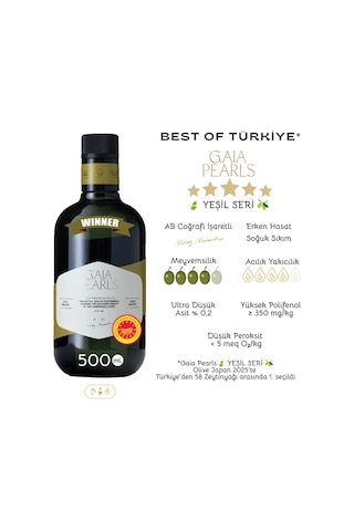 Gaia Pearls İkili Set Yeşil Seri 500 Ml X2 Avrupa Birliği Coğrafi İşaretli Milas Memecik Erken Hasat Soğuk Sıkım Dengeli Meyvemsi
