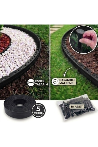 Esnek Çim Sınırlayıcı 5 Metre Çim Ayracı Bahçe Bordürü + 10 Sabitleme Çivisi Siyah