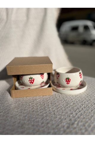 El Yapımı Seramik Kupa, Mug, Türk Kahvesi Bardağı Çilek Desenli