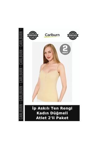 Carlburn Premium İp Askılı Ten Rengi Kadın Düğmeli Atlet 2'li Paket Çamaşır Mevsimlik Üst Rahat Bluz