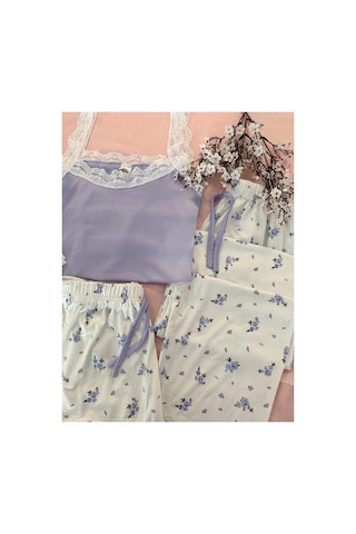 Mh Moony Homewears 3'lü Dantelli Lila Çiçek Bahçesi Pijama Takımı lila