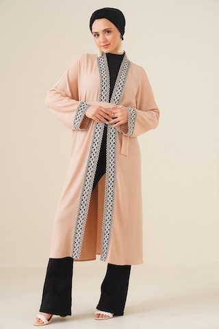 Bigdart 5865 Nakışlı Örme Uzun Kimono - Bisküvi