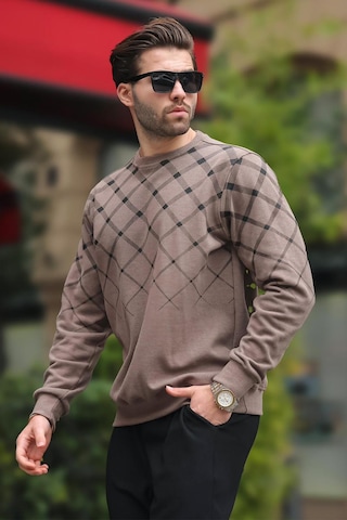 Madmext Camel Desenli Bisiklet Yaka Triko Kazak 6019 Camel