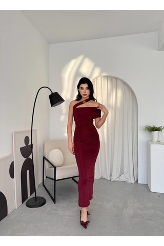 Dogutrend Reta Çapraz Omuz Elbise Bordo