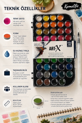 Art-x 48 Renk Solid Suluboya Seti Su Hazneli Fırça Kalemli Profesyonel Tablet Boya Krem