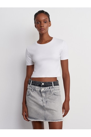 Dilvin Çift Renkli Mini Denim Etek Gri