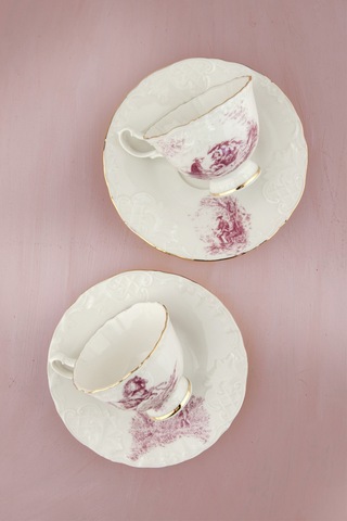 Altın Yaldızlı Gül Kurusu İngiliz Desen 2 Kişilik Kahve Fincan Takımı Beyaz