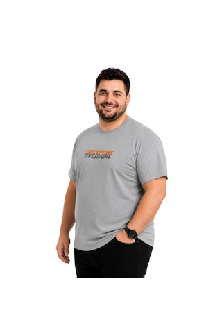 Battalmoda Erkek Büyük Beden Melanj Gri Bisiklet Yaka Kısa Kollu Overcome Tişört 3xl-4xl-5xl-6xl