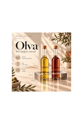 Olva Paslanmaz Çelik İkili Yağlık Seti Cam Şişeli Modern Tasarım Minimalist Zeytinyağı Ve Sirkelik Standı Gri - 935569786 Gri