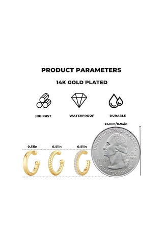 Geeksen Kadınlar İçin Zirkonyum Taşlı Altın Kaplama C Şekilli Pim Olmayan Uyarlanabilir Küçük Küpe Seti - 3 Adetli 2 Paket Gold