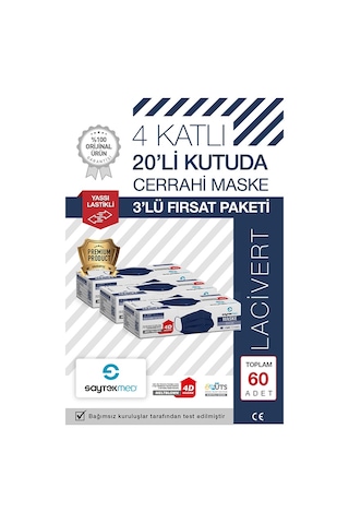 Saytekmed İki Kat Meltblown Koruması, 4 Katlı Lacivert Maske (3 Kutu/60 Adet)