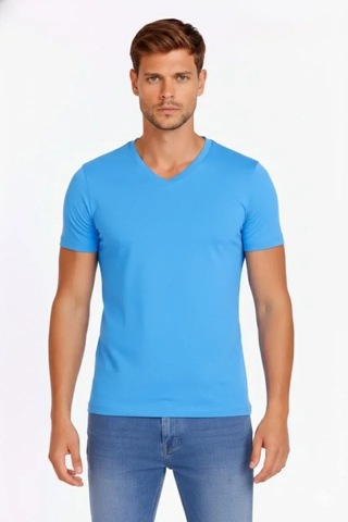Butik İstanbul Erkek T-shirt V Yaka Slim Fit Dar Kesim Likralı Tişört Günlük Basic Body - Açık Mavi