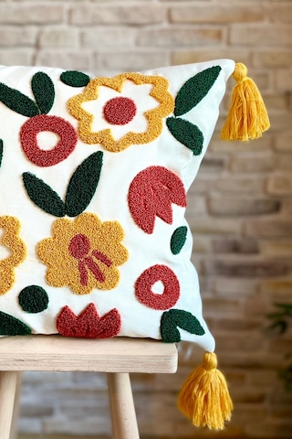 Swita Home Punch İşlemeli Tekli Dekoratif Özel Tasarım Kırlent Kılıfı Panç Yeşil - Kırmızı