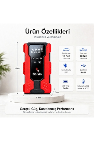 Solvis 4'ü 1 Arada 12v Akıllı Akü Takviye Cihazı, Lastik Şişirme Pompası, Powerbank Ve Led Aydınlatma Çanta Hediyeli