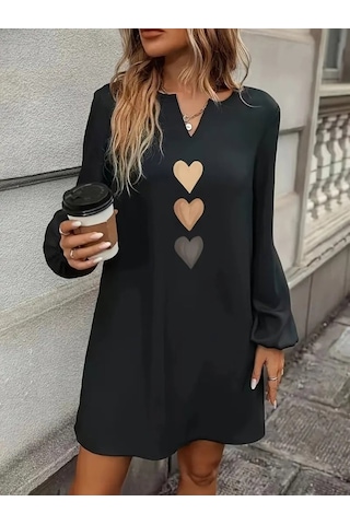 Efnaz Style Kadın Uzun Kollu V Yakalı Kalp Desenli Mini Ithal Krep Elbise Siyah