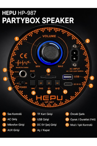 Hepu Hp-987 Işıklı Parti Hoparlörü - Tws Bağlantılı & Kablolu Mikrofonlu Taşınabilir Ses Sistemi
