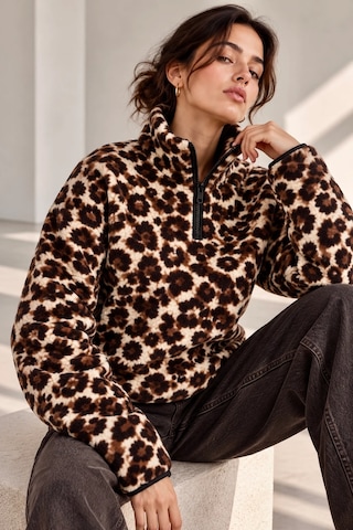 Bbbutikbasic Dik Yaka Yarım Fermuarlı Desenli Polar Sweatshirt My3535 Kahverengi Leopar