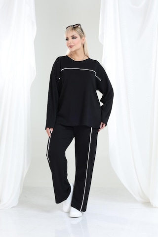 Biyeli Büyük Beden Oysho Tarzı Modal Kumaş Uzun Kollu Biyeli Rahat Günlük Takım Siyah