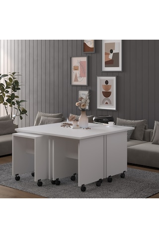 Asra Trend Akıllı Orta Sehpa OS003 %100 MDF 5 Parça Yavrulu Puf Sehpa Seti Beyaz