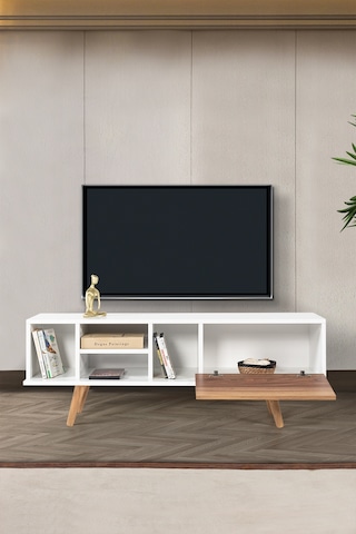 3330 Ela 130 Cm Ahşap Ayaklı Tv Ünitesi , Beyaz - Söğüt , Tv Sehpası , Salon , Oturma Odası Diğer
