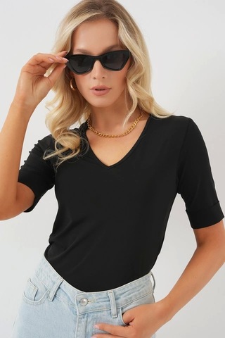 V Yaka Kısa Kol Basic Bluz 955 - Siyah Si Yah