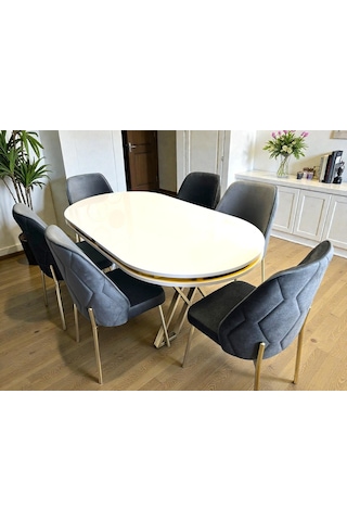 Msy Home 6 Kişilik Naz Serisi Beyaz Masa Yönsüz Kumaş Lüks Ve Modern Yemek Odası Takımı Gri