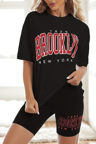 Modagen Kadın Siyah Brooklyn Baskılı T-shirt Tayt Takım Siyahh
