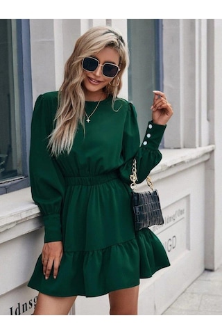 Kadın Uzun Kollu Bisiklet Yaka Beli Lastikli Fırfırlı Ithal Krep Elbise Yeşil