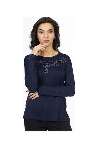 Yeni Model Taş İşlemeli Yuvarlak Yaka Likralı Anne Penye Bluz 6435-lacivert Lacivert
