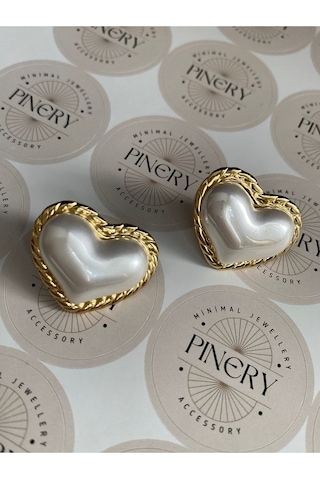 Pinery Jewels İncili Kalp Paslanmaz Çelik Kadın Küpe Çifti Altın