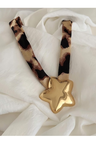Leopar Desen Bombeli Büyük Yıldız Model Kumaş Detaylı Kolye 46cm Kahverengi - Siyah