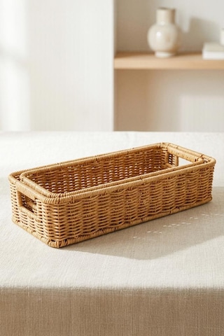 Digithome 2'li Dikdörtgen Hasır Rattan Organizer Sepet - Bb6073 Turuncu