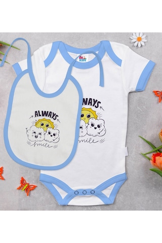 Bk Kids Always Smile Tasarımlı Mavi Bebek Body Zıbın Ve Mama Önlü Çok Renkli