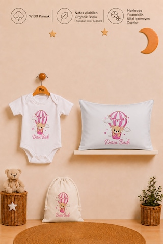 Pia Baby Kız Bebek İsme Özel Hediye Seti %100 Pamuk Body Yastık Kılıfı Ve Ham Bez Bebek Kıyafet Kesesi 2045byk3x Ekru