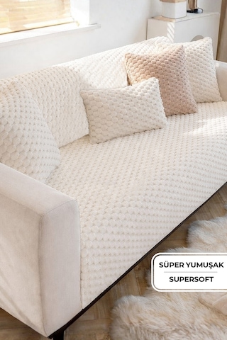 Soft Kürklü Koltuk Örtüsü 170x215 Cm Yumuşak Peluş Kaymaz Taban Kanepe Örtüsü Krem Kırık Beyaz