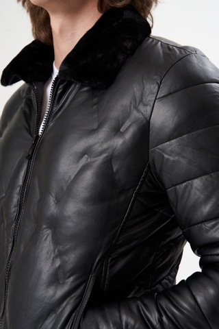 Erkek Yakası Kürklü Deri Mont Siyah Acı Kahverengi