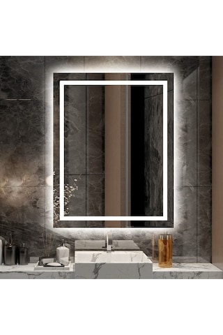 Nuun Dekor 90x70cm Beyaz Ledli Kumlamalı Banyo Lavabo Ofis Makyaj Kuaför Aynası - Trafolu Beyaz
