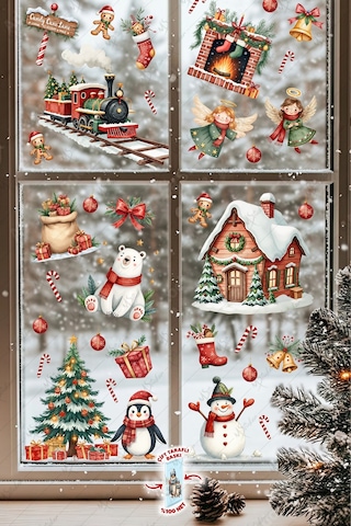 Christmas Yılbaşı Cam Sticker Seti 60+ Parça Çift Taraflı Baskı, Suya Dayanıklı, Kar Tanesi & Noel Dekoru Dijital Baskı