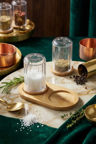 Makri Home Bambu Standlı Tuzluk & Baharatlık Seti 2 Li Şeffaf